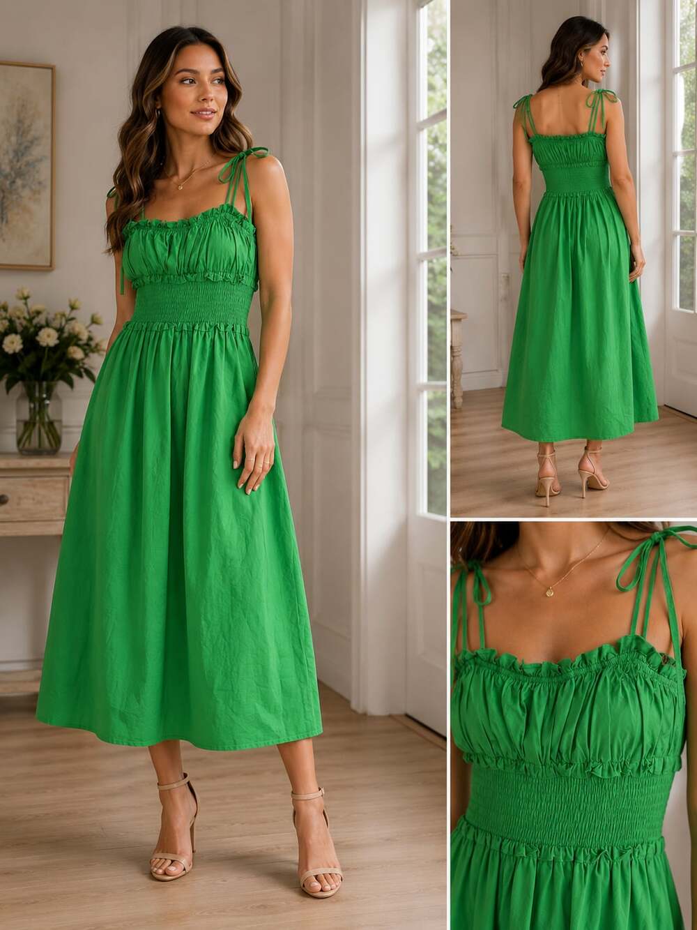 Orion Smocked Waist Tie Strap Poplin Midi Dress – ,